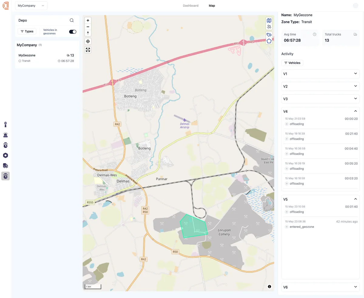 Geo-performance analytics showing vehicle activity across geographic zones