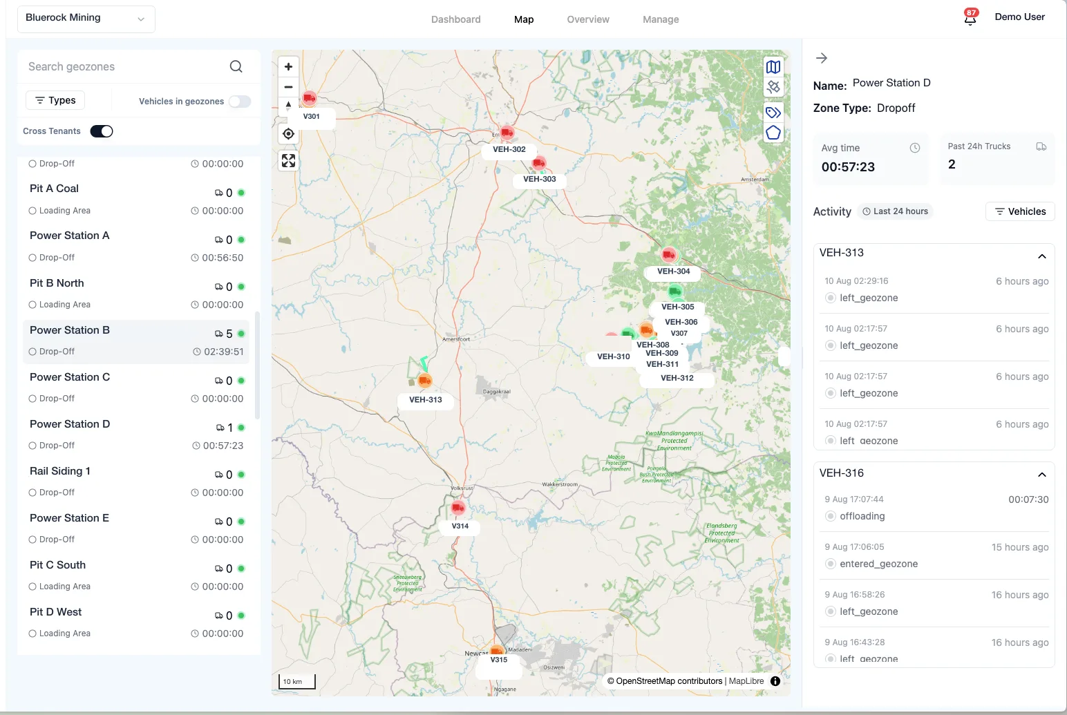 Geo Performance zone list with per-zone truck counts and dwell times beside a live map